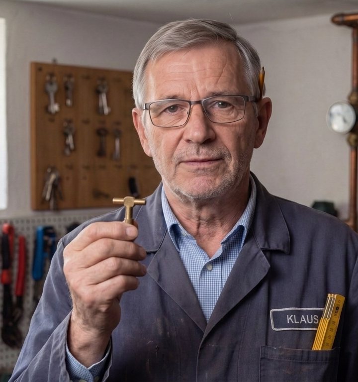 Klaus Wendler in seinem Werkstattraum im Keller, mit einem Entlüftungsschlüssel, eine mit KI erzeugte Erzählfigur